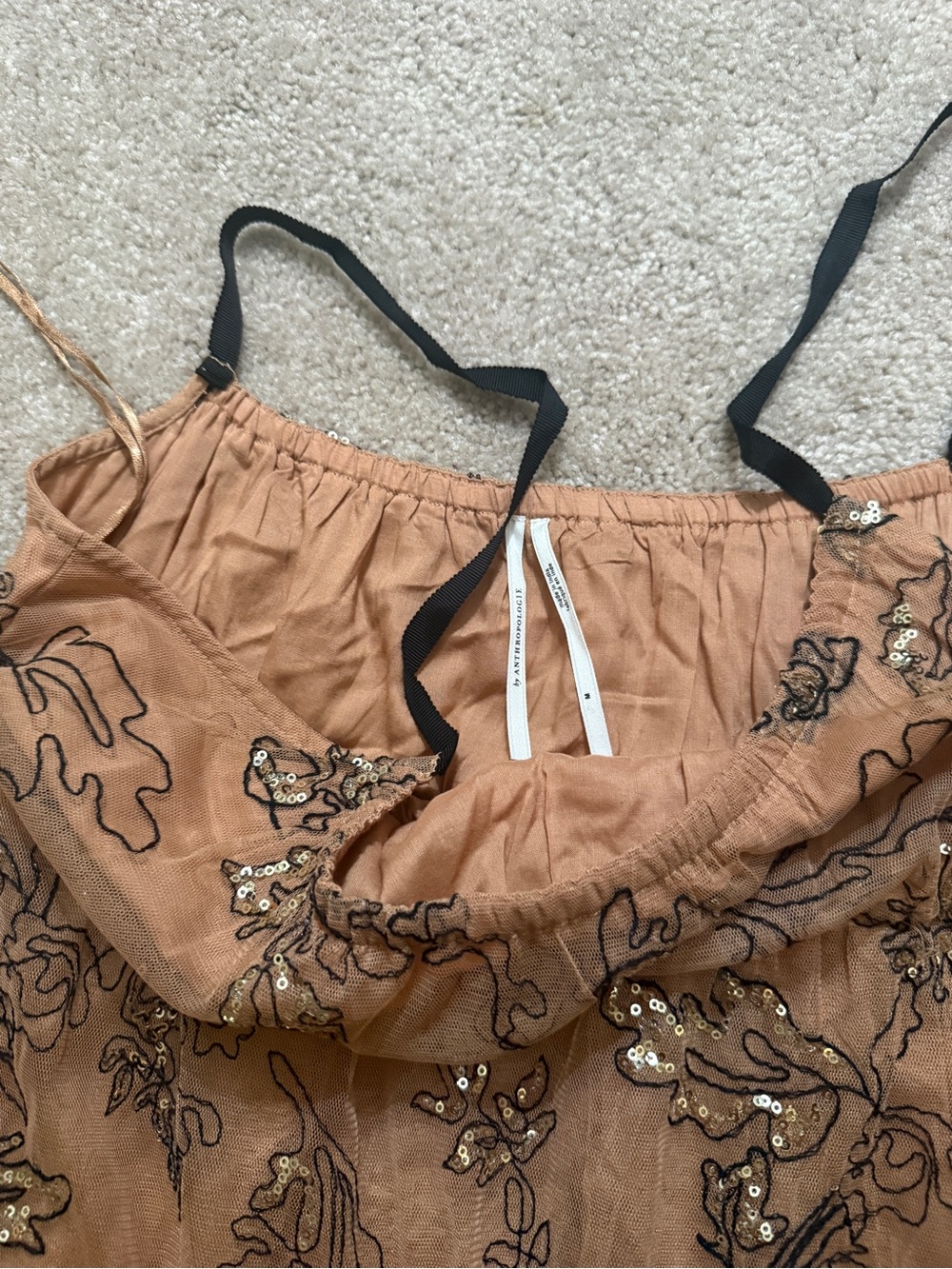 Anthropologie Sequin embroidered mesh Embellished Strap Maxi Dress Brown Medium - Picture 5 of 11